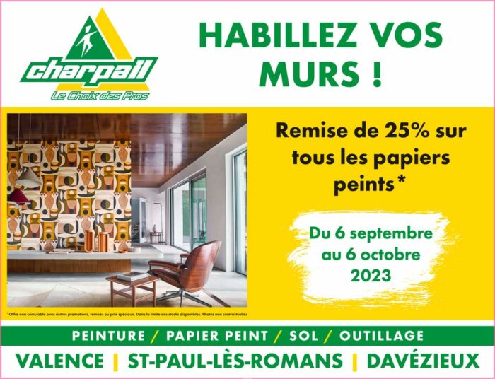 𝗚𝗥𝗔𝗡𝗗𝗘 𝗣𝗥𝗢𝗠𝗢 𝗗𝗘 𝗥𝗘𝗡𝗧𝗥𝗘́𝗘 𝗖𝗛𝗘𝗭 Charpail Déco & Brico ! 💥

⚠️ A partir du 6 septembre et jusquau 6 octobre, bénéficiez encore de nombreuses remises dans vos magasins Charpail Déco & Brico !

Cest le moment dhabiller vos murs avec une offre de 𝟮𝟱% sur tous les papiers peints * ! 🧱

Rendez-vous chez Charpail Déco & Brico pour donner un coup de neuf à votre intérieur ! 🏠

* Offre valable jusquau 6 octobre, non cumulable avec dautres promotions, remises ou prix spéciaux. Dans la limite des stocks disponibles.