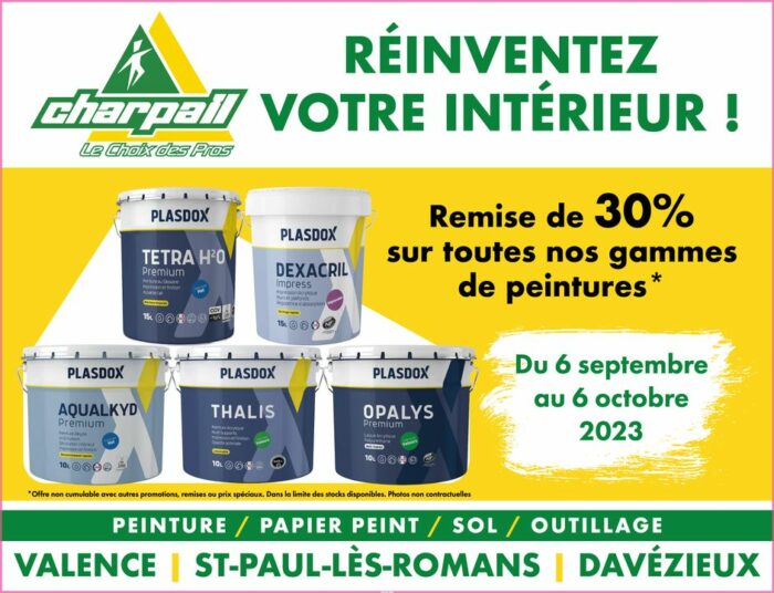 𝗣𝗘𝗜𝗡𝗧𝗨𝗥𝗘𝗦 𝗘𝗡 𝗣𝗥𝗢𝗠𝗢 𝗖𝗛𝗘𝗭 Charpail Déco & Brico ! 🎨

Noubliez pas jusquau 6 octobre, Charpail Déco & Brico vous présente différents produits en promotion * !

Aujourdhui, Charpail Déco & Brico vous propose une offre haute en couleur pour réinventer votre #intérieur !  🪴

👉 Venez profiter de 𝟯𝟬% de réduction sur toutes nos gammes de #peintures !

* Offre valable jusquau 6 octobre 2023, non cumulable avec dautres promotions, remises ou prix spéciaux. Dans la limite des stocks disponibles.